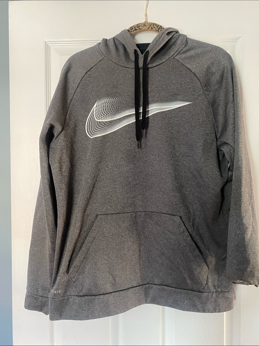 Nike Men's Dark Gray Hoodie with Layered Swoosh